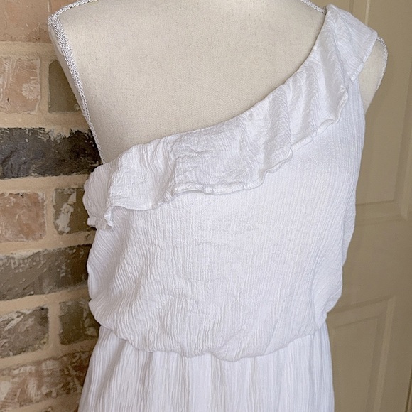 Jodi Kristopher White One-Shoulder Ruffle Column Maxi Dress Crinkle Cotton - Picture 9 of 11